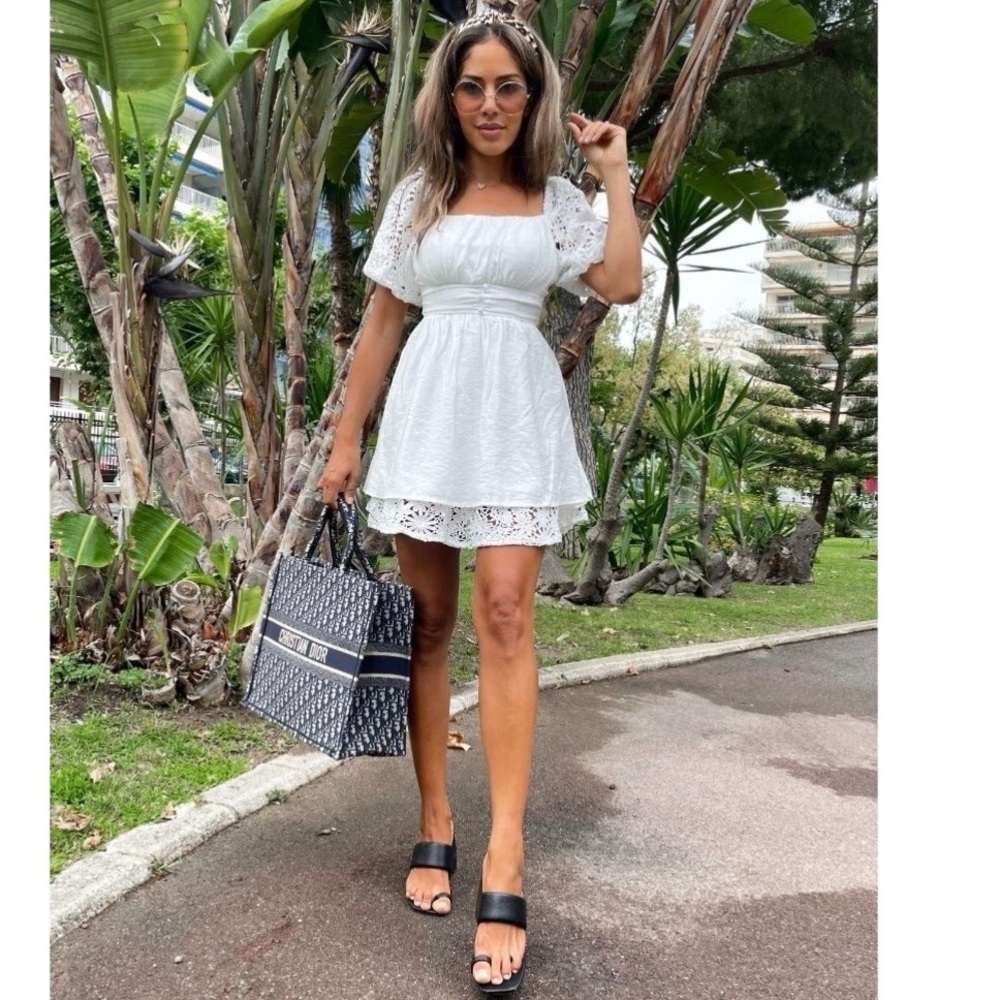 White Lace Trim Short Sleeve Square Neck Open Back Mini Dress - Picture 6 of 15